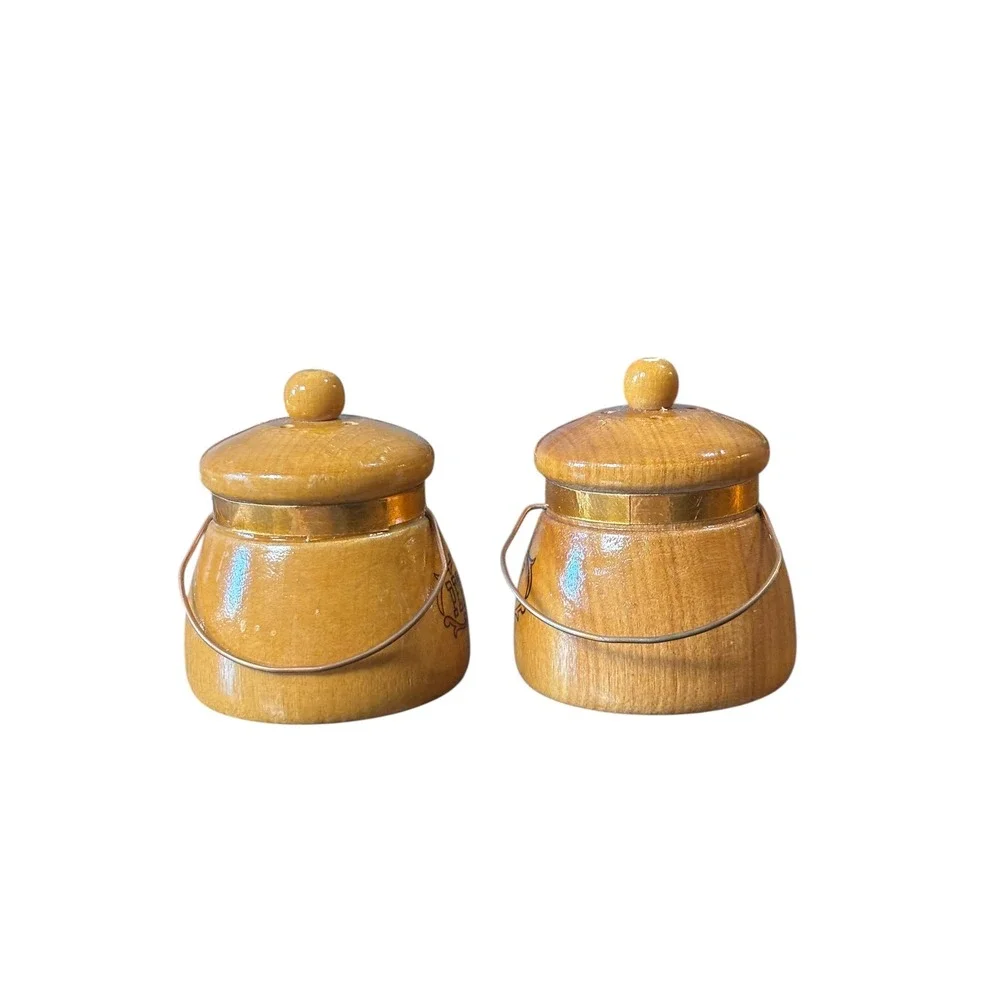 Vintage Wooden Tea Kettle Salt and Pepper Shakers Set Rustic Farmhouse‎ Decor